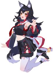 Rule 34 | 1girl, :d, animal ears, armpits, bare shoulders, black hair, black shirt, black skirt, breasts, choker, crop top, detached sleeves, hair ornament, hololive, izumi sai, legs up, long hair, long sleeves, looking at viewer, medium breasts, midriff, miniskirt, multicolored hair, navel, ookami mio, ookami mio (1st costume), open mouth, orange eyes, platform footwear, pleated skirt, sailor collar, sandals, shirt, side slit, simple background, skirt, smile, solo, streaked hair, tail, tail wrap, thighhighs, virtual youtuber, white background, white thighhighs, wolf ears, wolf girl, wolf tail, zouri