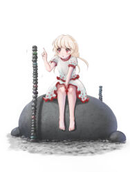 Rule 34 | 1girl, barefoot, between legs, blonde hair, blush, boulder, breasts, commentary request, ebisu eika, frilled shirt, frilled skirt, frills, full body, hand between legs, highres, index finger raised, long hair, luke (kyeftss), medium bangs, open mouth, puffy short sleeves, puffy sleeves, red eyes, rock, rock balancing, shirt, short sleeves, simple background, skirt, skirt set, small breasts, solo, stacking, touhou, white background, white shirt, white skirt