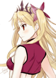 Rule 34 | 1girl, bare shoulders, blonde hair, blush, breasts, closed mouth, ereshkigal (fate), fate/grand order, fate (series), long hair, medium breasts, parted bangs, red eyes, seiru (prairie), simple background, solo, tiara, tohsaka rin, two side up, white background