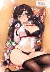 Rule 34 | 1girl, alcohol, aqua eyes, arms behind back, barcode, bdsm, black bra, black hair, black panties, blush, bottle, bound, box, bra, breasts, brown pantyhose, can, cardboard box, cherry blossoms, cleavage, clothes pull, collarbone, collared shirt, commentary request, drunk, glass bottle, highres, in box, in container, jack daniel&#039;s, large breasts, long hair, long sleeves, looking at viewer, lying, milk bottle, navel, no pants, on back, original, panties, pantyhose, pantyhose pull, parted lips, partially unbuttoned, petals, rope, sake bottle, sakura yuki (clochette), shibari, shirt, skindentation, solo, stomach, string panties, sweat, thighs, underwear, whiskey, white shirt, wine bottle