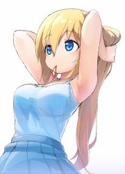 Rule 34 | 1girl, armpits, arms behind head, arms up, bare arms, blend s, blonde hair, blue eyes, blush, breasts, half-closed eyes, hinata kaho, large breasts, long hair, looking to the side, magenta (atyana), pleated skirt, ponytail, rubber band, simple background, skirt, solo, tank top, tying hair, white background