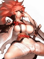 Rule 34 | 1girl, baiken, belly, breasts, cleavage, eyepatch, fumio (rsqkr), goggles, guilty gear, guilty gear xrd, katana, large breasts, long hair, looking at viewer, red eyes, red hair, samurai, scar, sheath, sheathed, simple background, smile, solo, spread legs, sword, thick thighs, thighs, warrior, weapon, white background