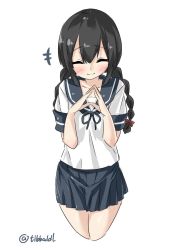 Rule 34 | +++, 10s, 1girl, bad id, bad twitter id, black hair, blue ribbon, blue skirt, blush, bow, braid, closed mouth, collarbone, cowboy shot, cropped legs, ebifurya, eyebrows, fingers together, hair between eyes, hair bow, highres, inactive account, isonami (kancolle), kantai collection, long hair, pleated skirt, red bow, ribbon, school uniform, serafuku, short sleeves, simple background, skirt, smile, solo, twin braids, twitter username, white background
