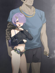 Rule 34 | 1boy, 1girl, arm tattoo, ass grab, bag, banknote, blush, cigarette, denim, denim shorts, hair ornament, handbag, highres, looking at viewer, money, off shoulder, original, piercing, prostitution, purple eyes, purple hair, q haoyu, short hair, short shorts, shorts, size difference, tattoo, tongue, tongue out, tongue piercing, tucked money