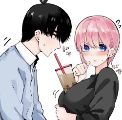 Rule 34 | 1boy, 1girl, arm under breasts, between breasts, black hair, black shirt, blue eyes, blush, breast lift, breasts, bubble tea, bubble tea challenge, drinking straw, go-toubun no hanayome, highres, large breasts, looking to the side, mame1645, nakano ichika, object on breast, pink hair, shirt, short hair, sidelocks, simple background, uesugi fuutarou, white background, white shirt