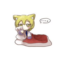 Rule 34 | ..., 1girl, animal ear fluff, animal ears, blanket, blonde hair, blush, closed mouth, fox ears, highres, holding, holding pillow, hugging object, jitome, long sleeves, looking at viewer, no headwear, pillow, pillow hug, simple background, sitting, solo, speech bubble, straight-on, touhou, under covers, white background, yakumo ran, yakumora n, yellow eyes