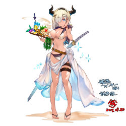 Rule 34 | 1girl, 2017, barefoot, belt, bikini, black hairband, blue eyes, breasts, choker, cleavage, collarbone, dated, food, fruit, full body, grey bikini, hair ornament, hair over one eye, hairband, hamakaze (kancolle), highres, horns, kantai collection, large breasts, looking at viewer, open mouth, red ribbon, ribbon, sakura rock, see-through, sheath, sheathed, sideboob, simple background, solo, standing, swimsuit, sword, thigh strap, weapon, white background, wrist ribbon