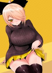 Rule 34 | 1girl, alternate costume, black thighhighs, blonde hair, blush, bow, breasts, clothes lift, come hither, female focus, hair bow, hair over one eye, han (jackpot), kurodani yamame, large breasts, long sleeves, miniskirt, ribbed sweater, short hair, skirt, skirt lift, smile, solo, sweater, thighhighs, touhou, yellow eyes