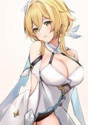 Rule 34 | 1girl, bare shoulders, blonde hair, breasts, cleavage, clothing cutout, dress, feather hair ornament, feathers, flower, genshin impact, grey background, hair flower, hair intakes, hair ornament, highres, large breasts, looking at viewer, lumine (genshin impact), parted lips, ry thae, short hair with long locks, simple background, solo, thighs, white dress, yellow eyes