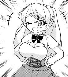 Rule 34 | 1girl, armpit cutout, ben-day dots, bow, bowtie, breasts, clothing cutout, conte di cavour (kancolle), dress, emphasis lines, greyscale, hands on own hips, highres, kantai collection, kinoshita tsubomi, large breasts, layered dress, monochrome, one eye closed, screentones, smile, solo, two-tone dress, two side up, v-shaped eyebrows