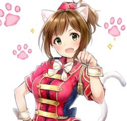 Rule 34 | 1girl, animal ears, blush, bow, bowtie, brown hair, cat ears, cat tail, commentary request, fang, feather hair ornament, feathers, green eyes, hair ornament, hand on own hip, hand up, hat, idolmaster, idolmaster cinderella girls, maekawa miku, open mouth, paw pose, paw print, ponytail, red shirt, shirt, short hair, simple background, smile, solo, sparkle, tail, takeashiro, white background, wrist cuffs