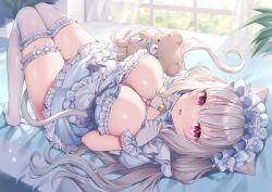 Rule 34 | 1girl, animal ears, apron, bed, blue dress, breasts, bridal garter, cleavage, commentary request, curtains, dress, flower, frilled dress, frills, gloves, grey hair, hair between eyes, highres, kneehighs, large breasts, long hair, looking at viewer, lying, maid, maid apron, maid headdress, on back, on bed, open mouth, original, plant, potted plant, purple eyes, shiono (0303), smile, socks, stuffed animal, stuffed toy, teddy bear, thigh strap, white gloves, window