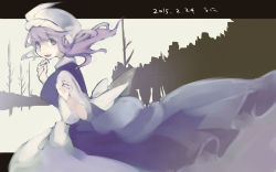Rule 34 | 1girl, :d, dated, dress, flowing dress (dq), hat, letty whiterock, light purple hair, looking at viewer, namauni, open mouth, purple eyes, smile, solo, touhou, winter