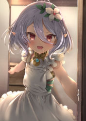 Rule 34 | 1girl, antenna hair, apron, bare arms, blush, door, doorway, dress, flower, frilled apron, frills, gem, hair between eyes, hair flower, hair ornament, indoors, kokkoro (princess connect!), looking at viewer, natsushima memo, open mouth, opening door, pointy ears, pov doorway, princess connect!, red eyes, silver hair, sleeveless, sleeveless dress, smile, solo, stairs, white dress