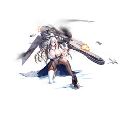Rule 34 | 1girl, absurdres, aircraft, aircraft carrier, airplane, black pantyhose, boots, breasts, brown eyes, covering privates, covering breasts, grey hair, headphones, highres, large breasts, long hair, long sleeves, machinery, mecha musume, military, military vehicle, onceskylark, one eye closed, original, pantyhose, personification, ship, solo, thigh boots, thighhighs, torn clothes, uss america (cv-66), warship, watercraft, white footwear