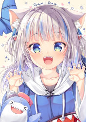 Rule 34 | &gt; &lt;, 1girl, :d, absurdres, animal ear fluff, animal ears, bloop (gawr gura), blue eyes, blue hair, blue hoodie, blue nails, blush, breasts, brown background, cat ears, claw pose, closed eyes, commentary request, drawstring, fins, fish tail, gawr gura, gawr gura (1st costume), hair ornament, hands up, heart, highres, hololive, hololive english, hood, hood down, hoodie, long hair, long sleeves, looking at viewer, multicolored hair, nail polish, neko pan, open mouth, shark tail, sharp teeth, silver hair, simple background, small breasts, smile, star (symbol), starry background, streaked hair, tail, teeth, two side up, virtual youtuber, wide sleeves, xd