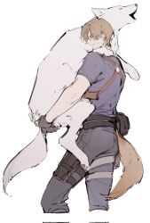 Rule 34 | 1boy, animal, black pants, blonde hair, dog, dog tail, fingerless gloves, from side, gloves, highres, holding, holding animal, holding dog, holster, howling, humidifier xd, leon s. kennedy, male focus, muscular, muscular male, pants, resident evil, resident evil 4, resident evil 4 (remake), short hair, simple background, sketch, standing, sweatdrop, tail, white background