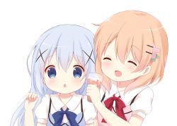 Rule 34 | 2girls, :o, absurdres, blue eyes, blue hair, blue vest, blush, bow, bowtie, chestnut mouth, chocolate, chutney, collared shirt, commentary request, cup, drinking glass, gochuumon wa usagi desu ka?, hair between eyes, hair ornament, hairclip, hand up, highres, holding, holding cup, holding drinking glass, hoto cocoa, ice, ice cube, kafuu chino, light blue hair, long hair, looking at viewer, multiple girls, open mouth, orange hair, pink vest, puffy short sleeves, puffy sleeves, rabbit house uniform, red bow, red bowtie, shirt, short hair, short sleeves, sidelocks, simple background, smile, uniform, upper body, vest, white background, white shirt, wing collar, x hair ornament