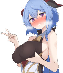 Rule 34 | 1girl, ahoge, bare shoulders, bell, blue hair, blush, breasts, covered erect nipples, ganyu (genshin impact), genshin impact, grabbing own breast, heavy breathing, highres, horns, large breasts, long hair, looking at viewer, neck bell, no gloves, nose blush, purple eyes, ringda, sidelocks, smile, solo, sweatdrop, tearing up, upper body, v, white background