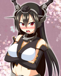 Rule 34 | 10s, 1girl, bare shoulders, black hair, blush, bococho, breasts, elbow gloves, flying sweatdrops, gloves, kantai collection, large breasts, long hair, looking at viewer, nagato (kancolle), navel, open mouth, personification, red eyes, solo