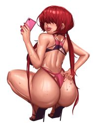 Rule 34 | 1girl, absurdres, ass, bare shoulders, bikini, cellphone, covered eyes, hair over eyes, high heels, highres, kevbot, lips, long hair, looking back, nail polish, phone, red hair, shermie (kof), simple background, smartphone, snk, solo, stiletto heels, sweat, swimsuit, the king of fighters, thighs, thong bikini, tiptoes, very long hair, white background