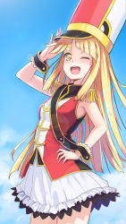 Rule 34 | 1girl, band uniform, bang dream!, blonde hair, blue sky, blush, breasts, buttons, cloud, cloudy sky, day, double-breasted, frilled skirt, frills, hand on own hip, hat, long hair, looking at viewer, maru (maru1625), one eye closed, open mouth, outdoors, salute, shako cap, skirt, sky, sleeveless, small breasts, smile, solo, standing, teeth, tsurumaki kokoro, upper teeth only, white skirt, wrist cuffs, yellow eyes