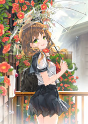 Rule 34 | 1girl, :d, absurdres, bag, black sailor collar, black skirt, blush, bow, breasts, brown hair, building, commentary request, day, flower, green eyes, hair bow, highres, holding, holding umbrella, juna, long hair, looking at viewer, looking to the side, open mouth, original, outdoors, pleated skirt, rain, red flower, sailor collar, school bag, school uniform, see-through, serafuku, shirt, skirt, small breasts, smile, solo, teeth, transparent, transparent umbrella, umbrella, upper teeth only, wet, wet clothes, wet shirt, white shirt