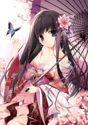 Rule 34 | 1girl, absurdres, black hair, blue eyes, breasts, bug, butterfly, cleavage, collarbone, floating hair, flower, hair flower, hair ornament, highres, holding, holding umbrella, insect, japanese clothes, karory, kimono, long hair, looking at viewer, medium breasts, off shoulder, oil-paper umbrella, original, pink flower, purple umbrella, solo, umbrella, very long hair, yukata