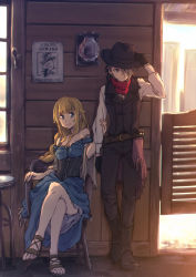 Rule 34 | 2girls, against wall, ange (princess principal), arm at side, bare legs, black footwear, black gloves, black hat, black pants, black vest, blonde hair, blue dress, blue eyes, blunt bangs, boots, braid, breasts, brown footwear, brown hair, chair, cleavage, closed mouth, corset, cowboy hat, cowboy western, crossed legs, day, dress, full body, gloves, hair over one eye, hand on another&#039;s arm, hand on headwear, hat, highres, indoors, knee boots, long hair, long sleeves, looking at viewer, medium breasts, multiple girls, off-shoulder dress, off shoulder, on chair, pants, princess (princess principal), princess principal, red scarf, reverse trap, sandals, scarf, shawl, shirt, short hair, sidelocks, single braid, sitting, smile, standing, strap slip, sunlight, table, tareme, tsuta no ha, very long hair, vest, wanted, white shirt, wooden floor
