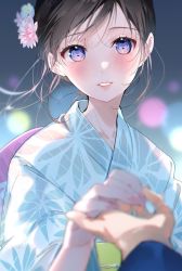 Rule 34 | 1girl, bad neck, blue kimono, blurry, blurry background, blurry foreground, blush, brown hair, commentary request, fingernails, floral print, flower, hair between eyes, hair flower, hair ornament, head tilt, highres, holding hands, japanese clothes, kimono, lens flare, light particles, long hair, long sleeves, miwano rag, nail, obi, original, parted lips, purple eyes, sash, smile, solo, yukata
