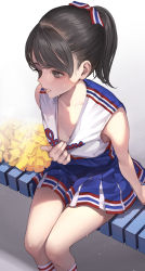 Rule 34 | 1girl, absurdres, blue skirt, breasts, brown eyes, brown hair, cheerleader, cleavage, cleavage reach, commentary request, from above, highres, koh (minagi kou), legs together, medium breasts, medium hair, miniskirt, mole, mole on breast, open mouth, original, pleated skirt, pom pom (cheerleading), ponytail, shirt, short ponytail, simple background, sitting, skirt, sleeveless, sleeveless shirt, solo, sweat, thighs, white background