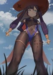 Rule 34 | 1girl, absurdres, blue eyes, blue sky, bodysuit, breasts, brown pantyhose, cape, cloud, darcy (pixiv11949485), day, detached sleeves, from below, genshin impact, gluteal fold, grass, hat, highres, leotard, long hair, looking at viewer, mona (genshin impact), outdoors, pantyhose, purple hair, sky, small breasts, solo, standing, twintails, witch hat