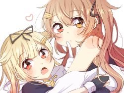 Rule 34 | 2girls, black gloves, black ribbon, black serafuku, blonde hair, brown eyes, commentary request, fang, finger to mouth, fingerless gloves, gloves, gradient hair, hair flaps, hair ornament, hair ribbon, hairclip, heterochromia, index finger raised, kantai collection, light brown hair, long hair, looking at viewer, multicolored hair, multiple girls, murasame (kancolle), murasame kai ni (kancolle), red eyes, ren kun, ribbon, scarf, school uniform, serafuku, simple background, two side up, upper body, white background, white gloves, white scarf, yuudachi (kancolle), yuudachi kai ni (kancolle)