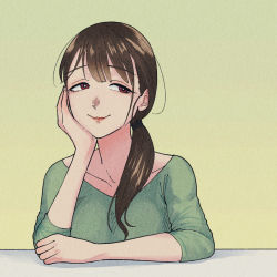 Rule 34 | 1girl, brown hair, byackopath (artist), closed mouth, collarbone, hand on own chin, hand on own face, head rest, long hair, looking to the side, original, ponytail, red eyes, side ponytail, simple background, smile, solo