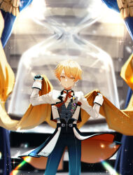 Rule 34 | 1boy, absurdres, ascot, banner, blonde hair, commentary, curtain call ni sekibetsu wo (project sekai), curtain call ni sekibetsu wo (project sekai), curtains, earrings, gloves, grin, half gloves, highres, holding, hourglass, jacket, jewelry, ktori, long sleeves, looking at viewer, male focus, neck ribbon, pants, project sekai, ribbon, short hair, single earring, sleeve cuffs, smile, solo, sparkle, tenma tsukasa, vest, yellow eyes