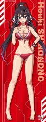 Rule 34 | 1girl, barefoot, bikini, black hair, breasts, character name, cleavage, front-tie bikini top, front-tie top, full body, hair ribbon, hand on own chest, highres, infinite stratos, large breasts, long hair, looking at viewer, official art, open mouth, parted hair, red bikini, ribbon, shinonono houki, solo, standing, swimsuit, two-tone bikini