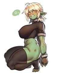 Rule 34 | 1girl, ahoge, anger vein, blonde hair, bound, bound wrists, breasts, clenched teeth, collar, colored skin, commentary, cuffs, english commentary, female goblin, fingerless gloves, full body, gintm, gloves, goblin, green skin, grey background, hair between eyes, large breasts, large ears, looking at viewer, metal collar, muscular, muscular female, no panties, original, pointy ears, shackles, short hair, simple background, solo, speech bubble, spoken anger vein, squatting, sweat, teeth, thighhighs, toeless legwear, yellow eyes