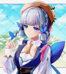 Rule 34 | 1girl, ayaka (genshin impact), blue eyes, blue hair, blunt bangs, blush, braid, bug, butterfly, butterfly hair ornament, closed mouth, collar, commentary request, flower, genshin impact, hair flower, hair ornament, hair up, hand up, hat, hat flower, hat ribbon, highres, insect, kmes niku, light blue hair, long sleeves, puffy long sleeves, puffy sleeves, ribbon, smile, solo, upper body, white collar, white flower, white ribbon