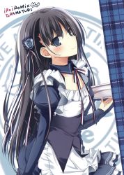 Rule 34 | 1girl, absurdres, apron, black hair, blue eyes, blush, breasts, collarbone, cowboy shot, detached collar, emblem, hair ornament, hairpin, highres, karory, long hair, long sleeves, looking at viewer, plaid, plaid background, ribbon, small breasts, smile, solo, tray, waitress