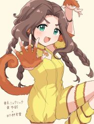 Rule 34 | 1girl, alternate hairstyle, arm up, blush, bodysuit, braid, breasts, brown hair, character name, cosplay, dot nose, fake tail, fingerless gloves, from side, gloves, green eyes, hand up, highres, idolmaster, idolmaster cinderella girls, idolmaster cinderella girls starlight stage, jewelry, kahiika, kusakabe wakaba, leg up, long hair, looking at viewer, magical girl, mew pudding, mew pudding (cosplay), monkey tail, multiple braids, open hand, open mouth, orange gloves, pendant, reaching, reaching towards viewer, short sleeves, simple background, small breasts, smile, socks, solo, standing, standing on one leg, tail, thick eyebrows, thigh strap, tokyo mew mew, v-shaped eyebrows, wavy hair, yellow background, yellow bodysuit, yellow socks