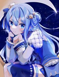 Rule 34 | 1girl, absurdres, blue eyes, blue hair, blush, comet, commentary, crescent moon, crown, hair ornament, hair ribbon, highres, hololive, hoshimachi suisei, hoshimachi suisei (stellar into the galaxy), idol, juliet sleeves, long hair, long sleeves, looking at viewer, mini crown, moon, o-ring, o-ring thigh strap, on crescent, puffy sleeves, ribbon, shinomiya shino (sinosino141), single thighhigh, sky, smile, solo, star (sky), star (symbol), star hair ornament, star in eye, starry background, starry sky, symbol-only commentary, symbol in eye, thigh strap, thighhighs, virtual youtuber