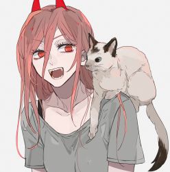 Rule 34 | 1girl, cat, chainsaw man, collarbone, cross-shaped pupils, ebanoniwa, fangs, grey shirt, hair between eyes, horns, long hair, meowy (chainsaw man), on shoulder, open mouth, pink hair, power (chainsaw man), sharp teeth, shirt, simple background, solo, symbol-shaped pupils, teeth, upper body