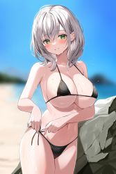 Rule 34 | 1girl, armpit crease, bare arms, bare shoulders, beach, bikini, black bikini, blurry, braid, breasts, cleavage, collarbone, day, depth of field, green eyes, grin, halterneck, highres, hololive, large breasts, looking at viewer, medium hair, mole, mole on breast, navel, outdoors, satoupote, shirogane noel, side-tie bikini bottom, smile, solo, stomach, string bikini, swimsuit, thighs, virtual youtuber, wet, white hair