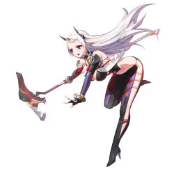 Rule 34 | 1girl, blue eyes, breasts, closers, fingerless gloves, floating hair, full body, gloves, high heels, highres, holding, holding staff, large breasts, levia (closers), long hair, official art, open mouth, pointy ears, simple background, solo, staff, white background, white hair