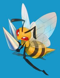 Rule 34 | bee, beedrill, blue background, bug, commentary request, creatures (company), full body, game freak, gen 1 pokemon, highres, insect, kikuyoshi (tracco), nintendo, no humans, pokemon, pokemon (creature), red eyes, signature, solo