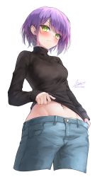 Rule 34 | 1girl, absurdres, black sweater, blue pants, blush, breasts, closed mouth, clothes lift, cropped legs, denim, ear piercing, green eyes, highres, hololive, jeans, lifting own clothes, long sleeves, navel, navel piercing, pants, piercing, purple hair, rei (9086), short hair, signature, simple background, small breasts, smile, solo, sweater, sweater lift, tokoyami towa, virtual youtuber, white background