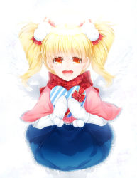 Rule 34 | 1girl, angel, angel wings, bad id, bad pixiv id, blonde hair, blue dress, box, capelet, dress, feathered wings, frilled capelet, frills, gift, gift box, hair ornament, highres, looking at viewer, medium hair, mittens, open mouth, poet (pop&#039;n music), pom pom (clothes), pop&#039;n music, red eyes, simple background, siyusiyu13, solo, standing, twintails, white background, white legwear, white mittens, white wings, wings