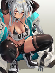 Rule 34 | 1girl, alabama (azur lane), arms up, azur lane, bandeau, bikini, bikini top only, bikini under clothes, black bikini, black footwear, black gloves, black shorts, black thighhighs, blush, breasts, cleavage, closed mouth, clothes writing, dark skin, detached collar, elbow gloves, facepaint, foreshortening, gloves, grey background, hair between eyes, heart, highres, jacket, large breasts, long hair, looking at viewer, native american, navel, oekakizuki, red eyes, see-through, shoes, short shorts, shorts, silver hair, simple background, sneakers, squatting, strapless, swimsuit, thighhighs, thighs, tube top, white jacket