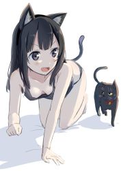 Rule 34 | 1girl, all fours, animal, animal ears, bad id, bad twitter id, barefoot, black cat, blush, breasts, cat, cat ears, cat girl, cat tail, commentary, downblouse, eyebrows, fake animal ears, fang, gotyou, hanging breasts, long hair, looking to the side, loose clothes, medium breasts, open mouth, original, paw pose, shadow, simple background, solo, sweatdrop, tail, tank top, teeth, white background