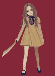 Rule 34 | 1girl, absurdres, arm at side, black footwear, brown eyes, brown hair, buttons, closed mouth, dress, full body, highres, holding, holding sword, holding weapon, layered sleeves, long hair, long sleeves, looking at viewer, m3gan, m3gan (character), mary janes, neck ribbon, parted hair, red background, ribbon, saber (weapon), shirt, shoes, short dress, short over long sleeves, short sleeves, simple background, solo, standing, striped clothes, striped ribbon, striped shirt, sword, ushiyama ame, wavy hair, weapon, yellow dress